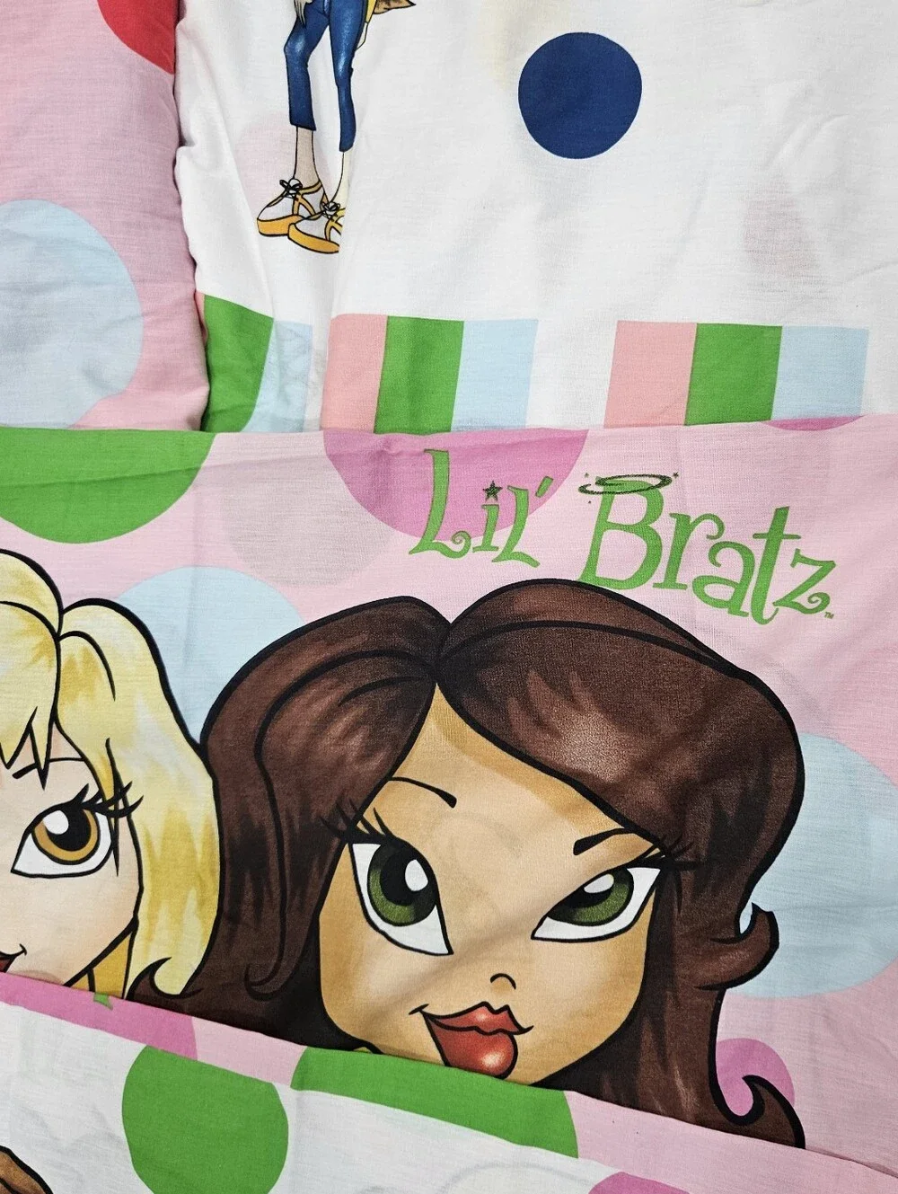 VTG Lil Bratz FULL Sheet Set & Pillowcases Pink Large Polka Dots Stripes Y2K